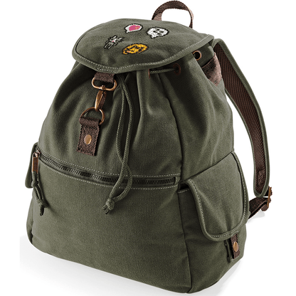 This green canvas bag is a Stardew Valley backpack featuring embroidered cats and a heart emote design on the front pocket.