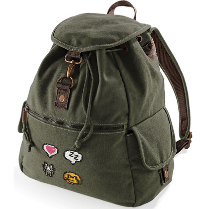 This green canvas backpack features pixelated designs of cats and a heart emote referencing the video game Stardew Valley.
