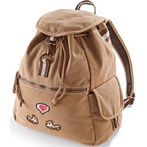 A brown canvas backpack features embroidered pixel art of chickens and a heart emote referencing the Stardew Valley video game.