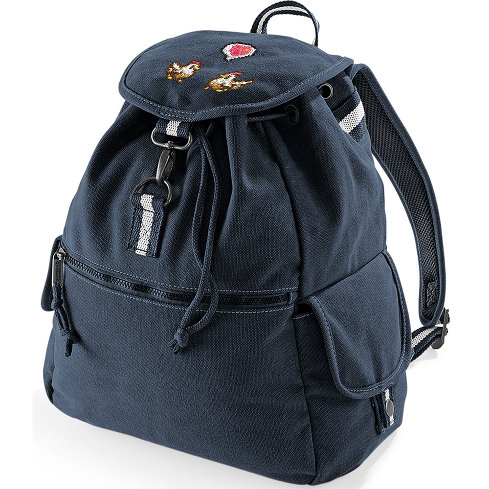 This navy blue canvas backpack features embroidered chickens and a heart emote design inspired by the Stardew Valley video game.