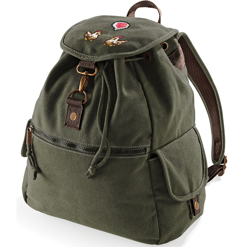 This green canvas backpack features embroidered chickens and a heart emote design inspired by Stardew Valley.