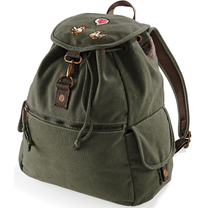 This green canvas backpack features embroidered chickens and a heart emote design inspired by Stardew Valley.
