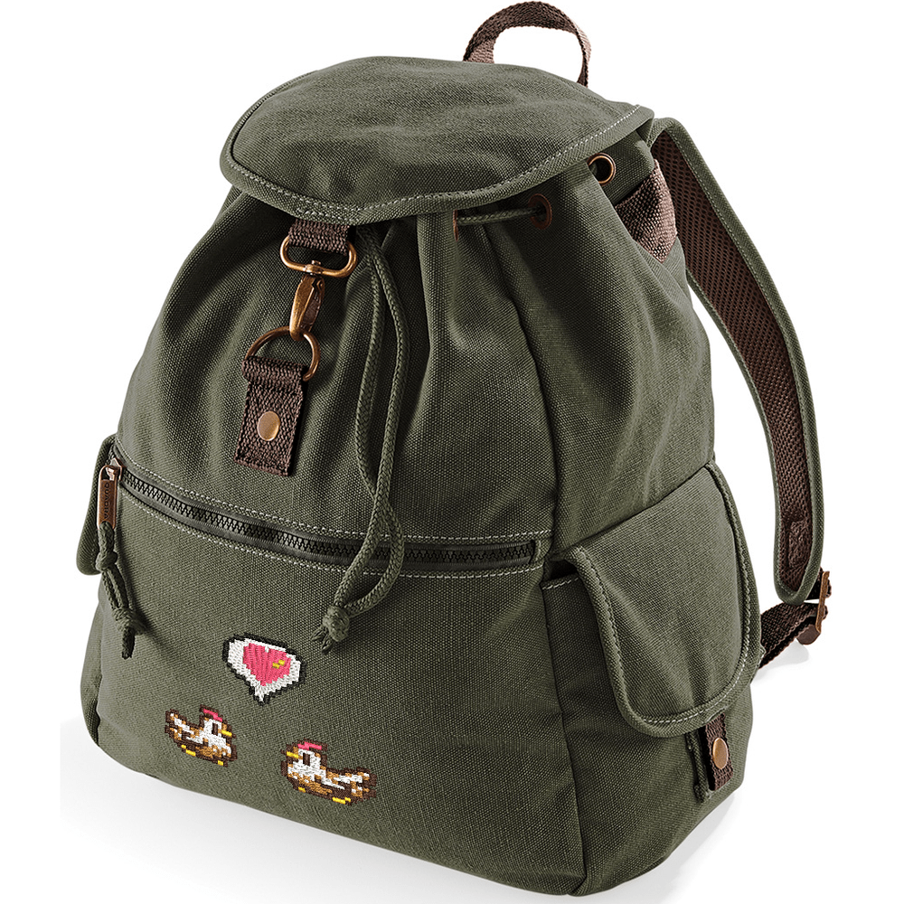 This olive green canvas backpack features embroidered chickens and a heart emote design referencing the Stardew Valley video game.
