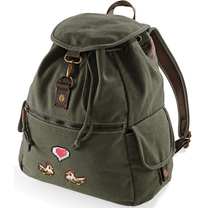 This olive green canvas backpack features embroidered chickens and a heart emote design referencing the Stardew Valley video game.