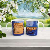 A white Stardew Custom Farm Mug displays pixelated graphics of coffee and a farm sign with customizable text on its front and back.