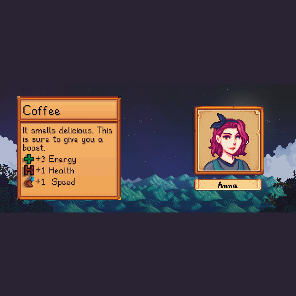A pixelated screenshot from Stardew Valley shows a character named Anna holding a coffee that provides energy, health and speed boosts.