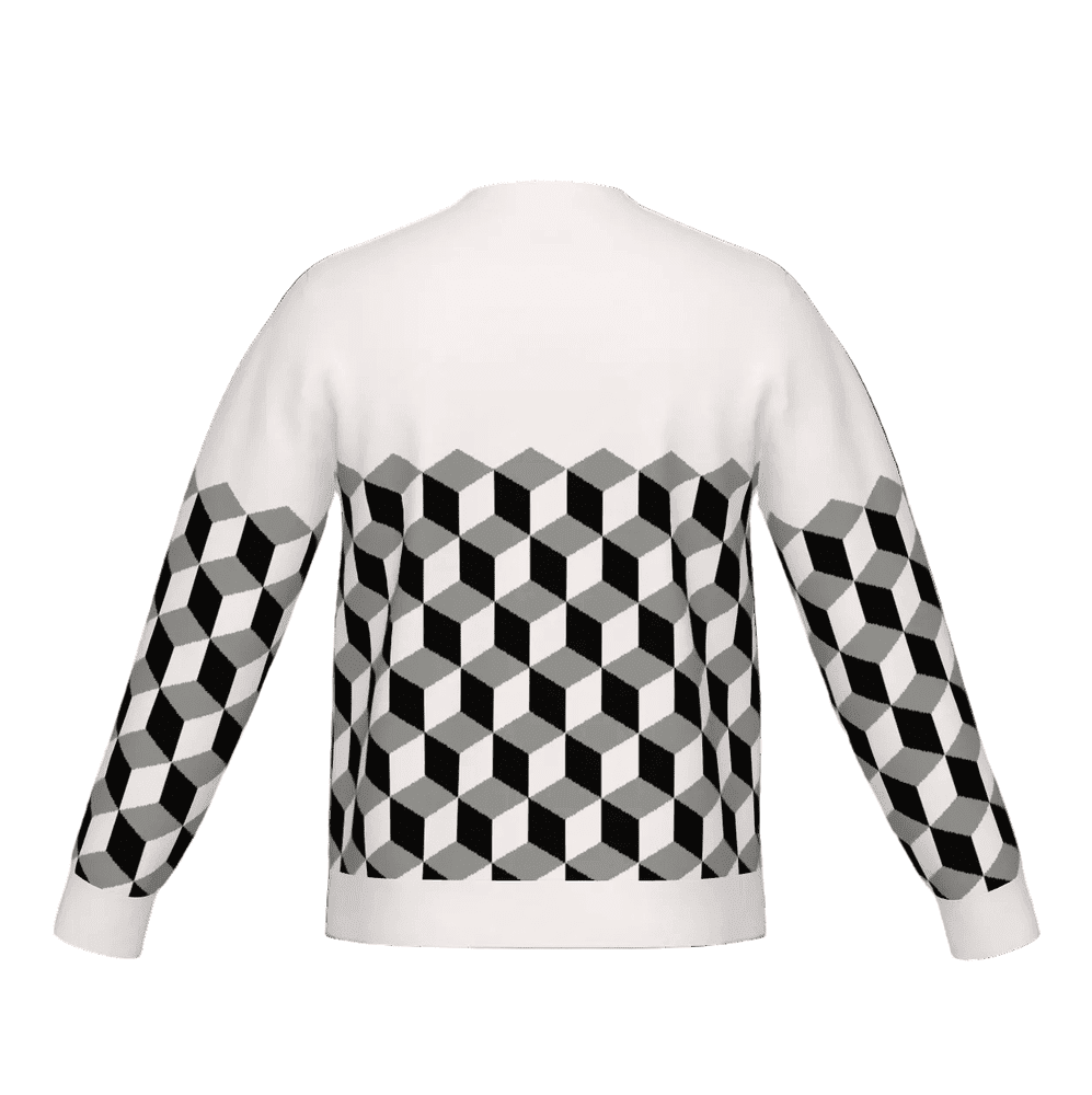 White knitted sweater back view with geometric optical illusion cubes design in 3 colours