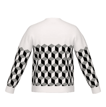 White knitted sweater back view with geometric optical illusion cubes design in 3 colours