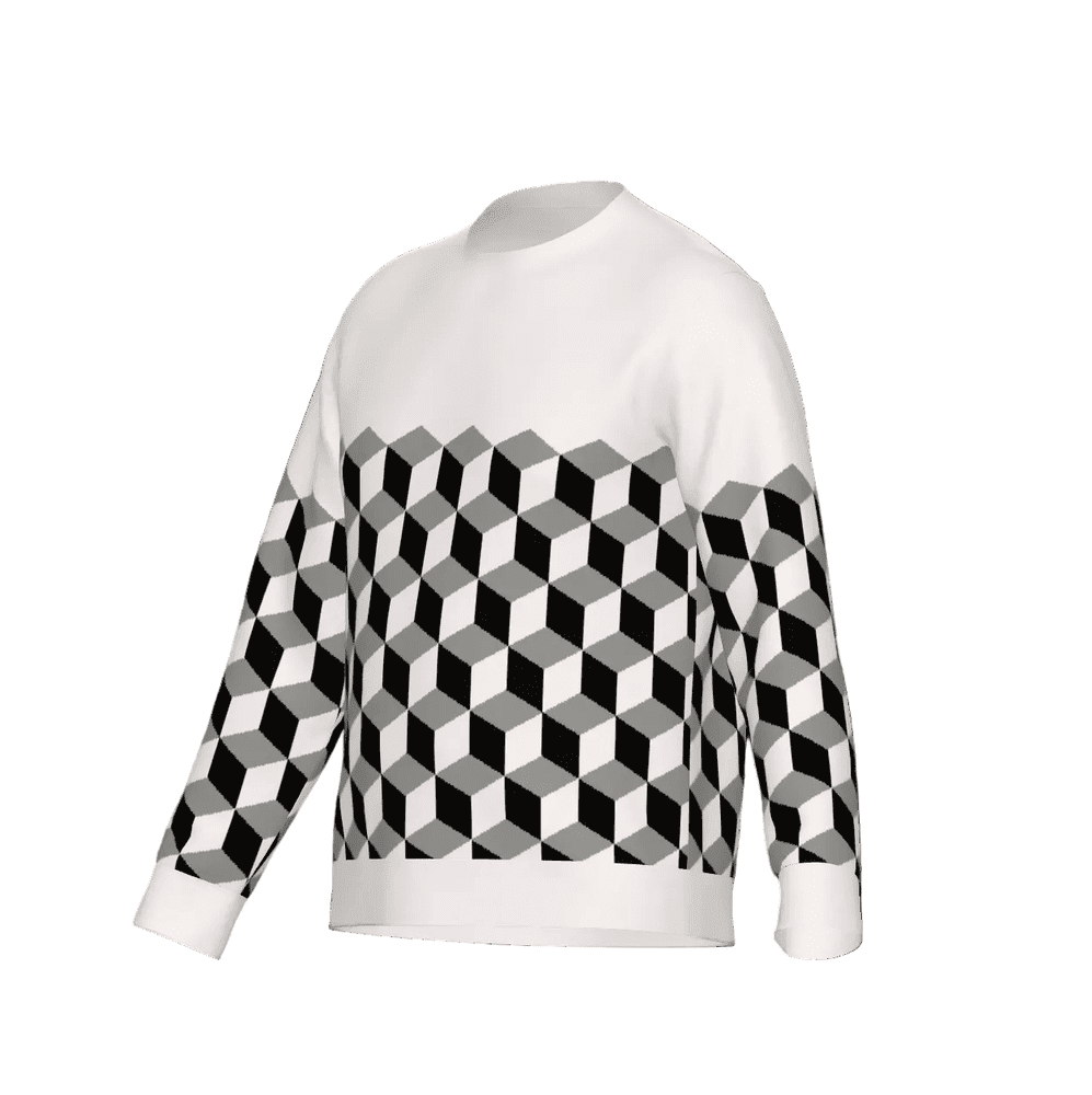 White knitted sweater with geometric optical illusion cubes design in 3 colours