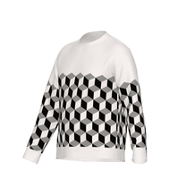 White knitted sweater with geometric optical illusion cubes design in 3 colours