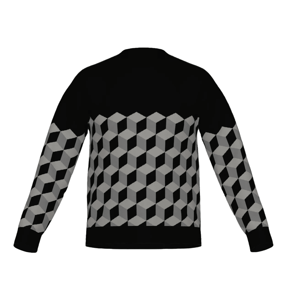 Black sweater with geometric cube pattern on a white background