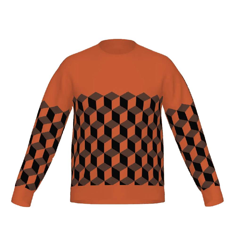 Orange sweater with black and brown geometric cube pattern on a white background