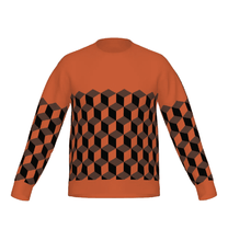 Orange sweater with black and brown geometric cube pattern on a white background