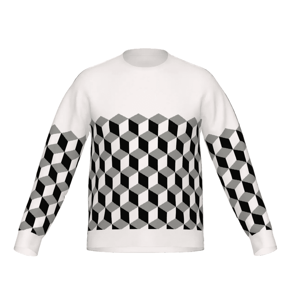 White knitted sweater with geometric optical illusion cubes design in 3 colours