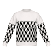 White knitted sweater with geometric optical illusion cubes design in 3 colours