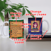 A Stardew Custom Avatar Mug displays a pixelated character portrait and customizable options for drink, avatar name, handle, and scene.