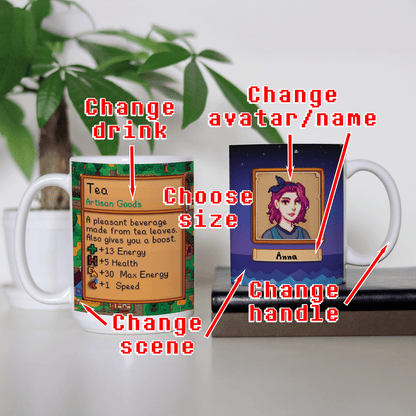 A Stardew Custom Avatar Mug displays a pixelated character portrait and customizable options for drink, avatar name, handle, and scene.