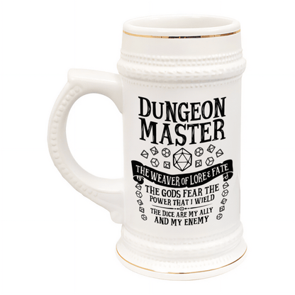 A white ceramic Dungeon Master tankard features gold accents and D&D-themed text and dice graphics.