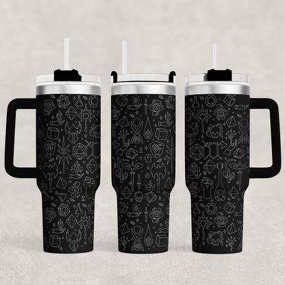 A black 40oz tumbler features an engraved pattern of D&D adventure icons and RPG essentials.