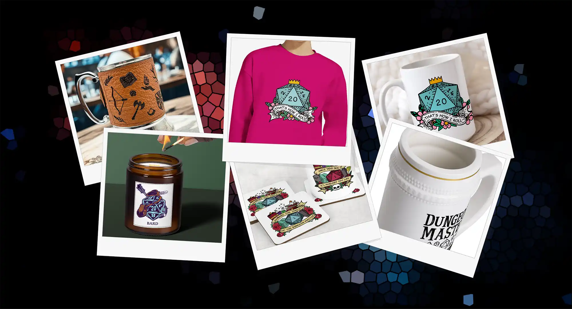 Collage of D&D and Tabletop RPG themed products, from Dungeon Master tankards, to our bestselling Well Shit mugs, matching coasters, and scented class candles.