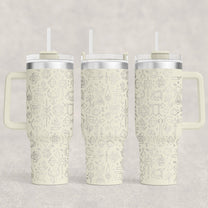 A D&D engraved 40oz tumbler displays an RPG essentials pattern of adventure icons including dice and fantasy symbols in a light beige color.