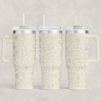 A D&D engraved 40oz tumbler displays an RPG essentials pattern of adventure icons including dice and fantasy symbols in a light beige color.