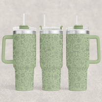 A green D&D engraved 40oz tumbler displays an RPG essentials pattern of adventure icons including dice and swords.