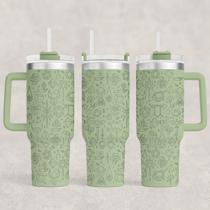 A green D&D engraved 40oz tumbler displays an RPG essentials pattern of adventure icons including dice and swords.