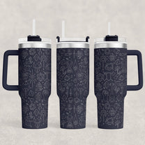 A D&D engraved 40oz tumbler displays an RPG essentials pattern of adventure icons including dice and crystals on a dark blue background.