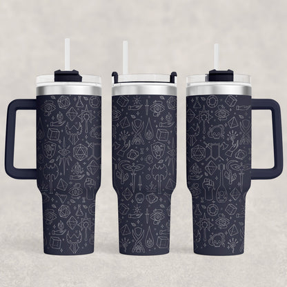 A D&D engraved 40oz tumbler displays an RPG essentials pattern of adventure icons including dice and crystals on a dark blue background.