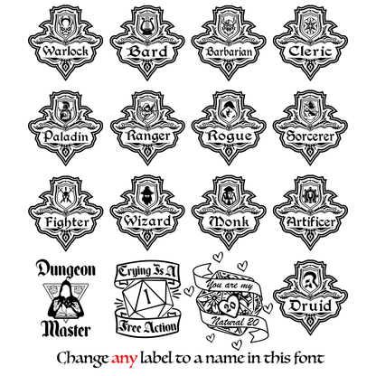 This image displays a collection of hexagonal shields featuring Dungeons & Dragons character classes like Warlock, Paladin, and Druid, alongside phrases referencing game mechanics.