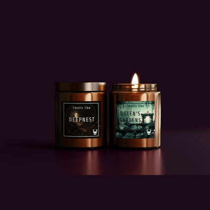 Two Hollow Knight-inspired candles are displayed side by side, one labeled "Deepnest" and the other "Queen's Gardens," both featuring illustrations of a bug character on their labels.