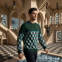 Man wearing a green isometric geometric sweater in an Escher-inspired optical illusion interior setting