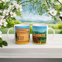 A white Stardew Custom Farm mug displays a "Triple Shot Espresso" recipe on one side and a farm scene with customizable text on the other.