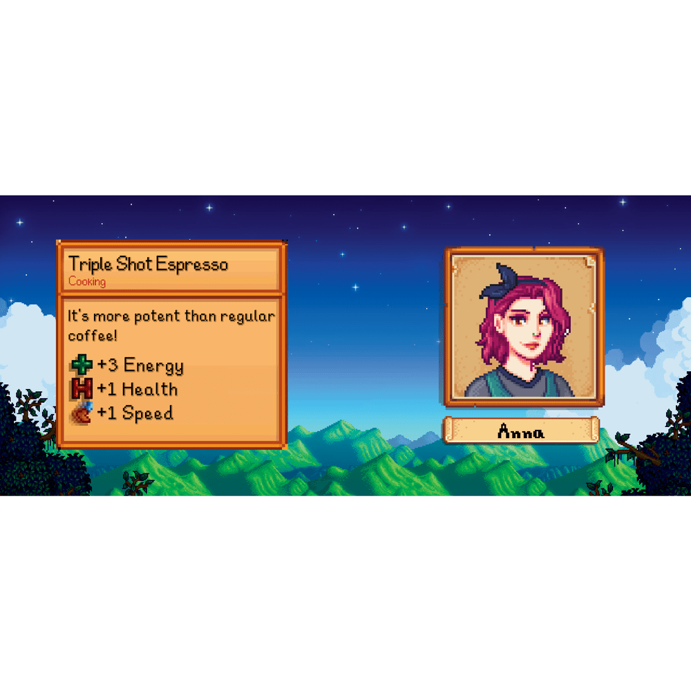 A pixelated character from Stardew Valley named Anna stands next to a recipe card for Triple Shot Espresso.