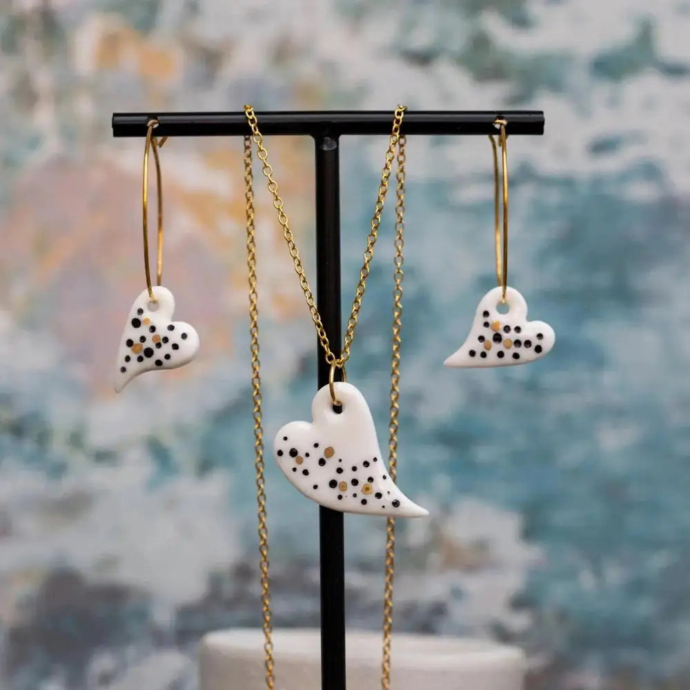 Fancy Porcelain Heart Earrings & Pendant Set
