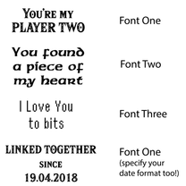 Four examples of custom romantic messages displayed in different pixel art fonts, including You're My Player Two and I Love You to bits, for a Link and Zelda inspired mug.