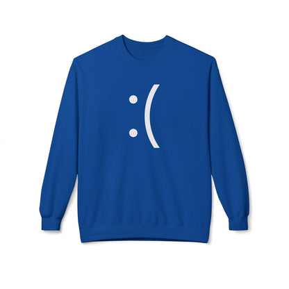 A blue sweatshirt features a white sad face emoticon design referencing the classic Windows Blue Screen of Death error.