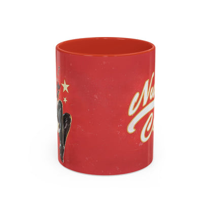 A red mug displays a vintage-style Fallout Nuka Cola poster featuring a pin-up girl and logo design.