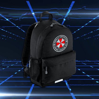 Black gaming backpack with side pockets and embroidered Umbrella Corporation logo on a futuristic blue grid background