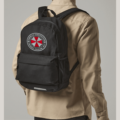 Person wearing a black backpack with Umbrella corporation logo on a gray background