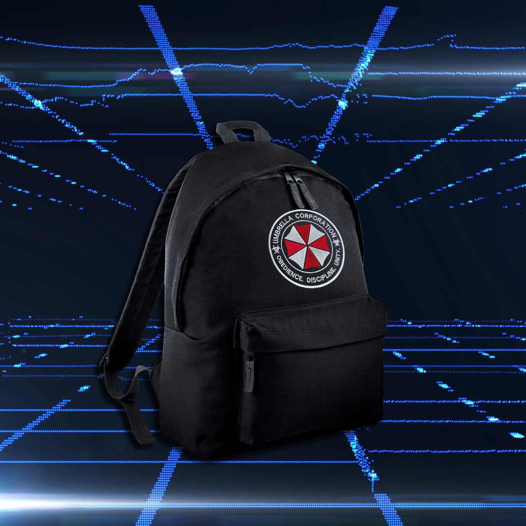 Black backpack with Umbrella Corporation logo on a futuristic grid background