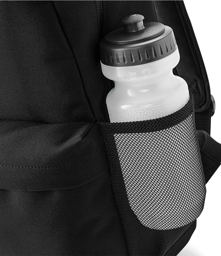 Black backpack with a water bottle in a mesh pocket