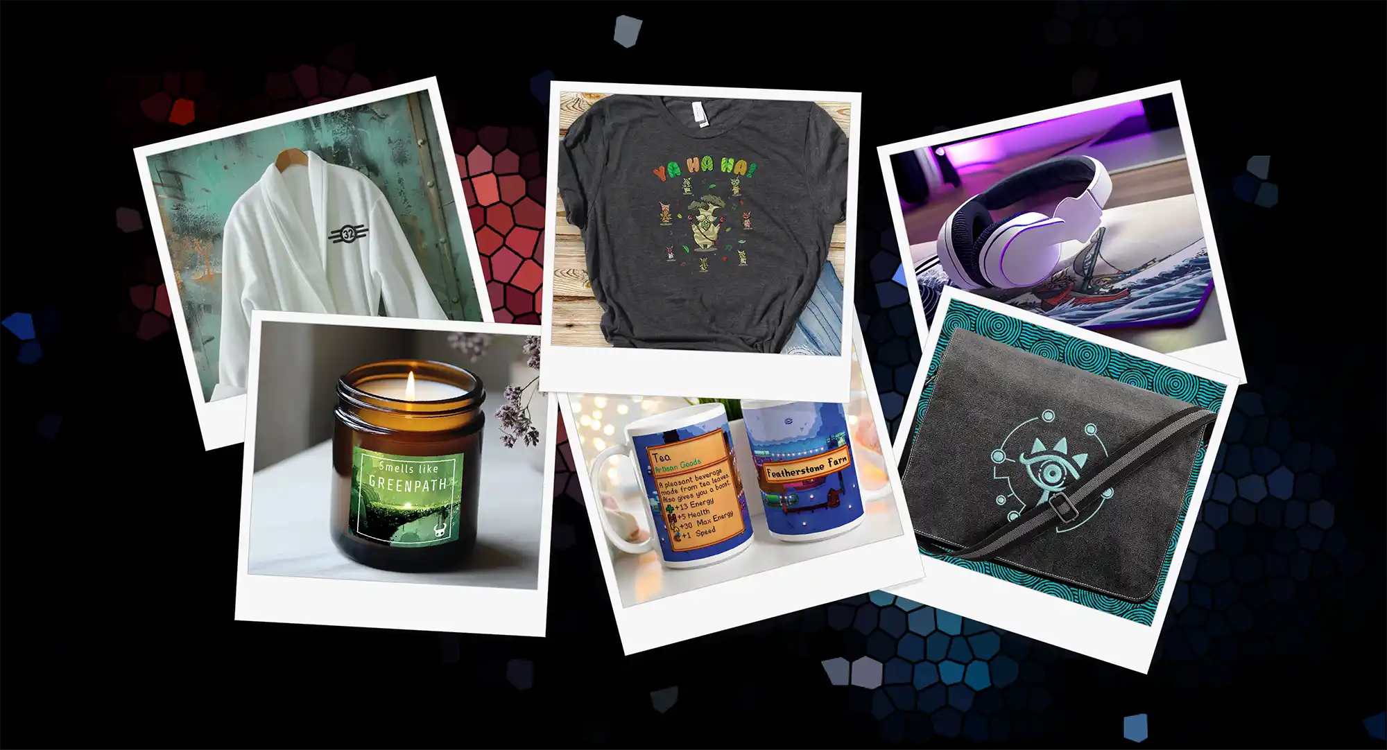 Collage of video gaming products including Hollow Knight candles, fallout bathrobe and zelda merch
