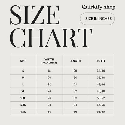 A size chart displays measurements for sizes S through 4XL, including width, length, and fit in inches.