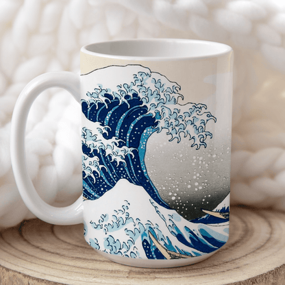 A white mug displays a stylized depiction of "The Great Wave off Kanagawa" inspired by Link from The Legend of Zelda: Wind Waker.