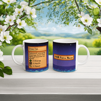 A white Stardew Custom Farm mug displays a green tea recipe on one side and a starry night background with customizable farm name on the other.
