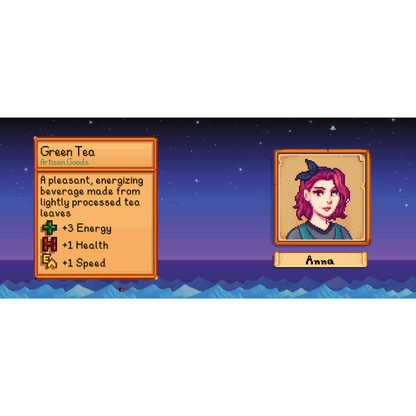 A pixelated character portrait of Anna from Stardew Valley is displayed alongside information about green tea.