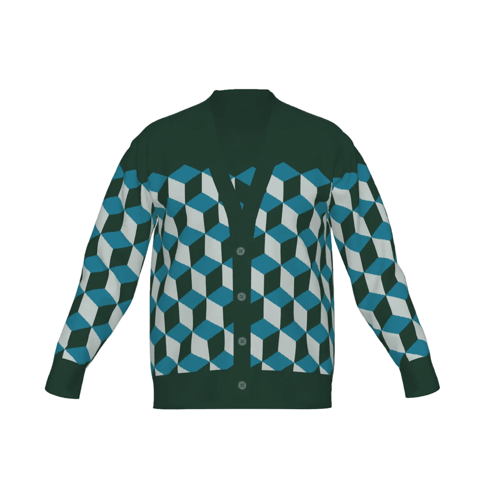 Green isometric cube design cardigan, optical illusion knitwear on a white background.