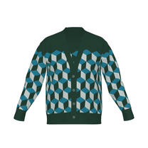 Green isometric cube design cardigan, optical illusion knitwear on a white background.